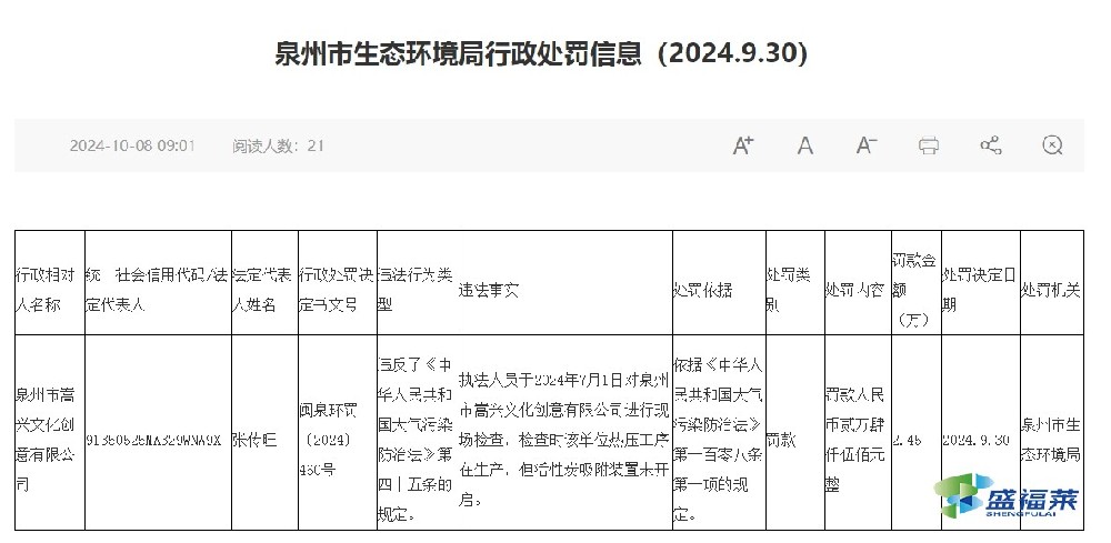 又一家企業(yè)因生產(chǎn)時(shí)活性炭吸附裝置未開啟，被罰2.45萬